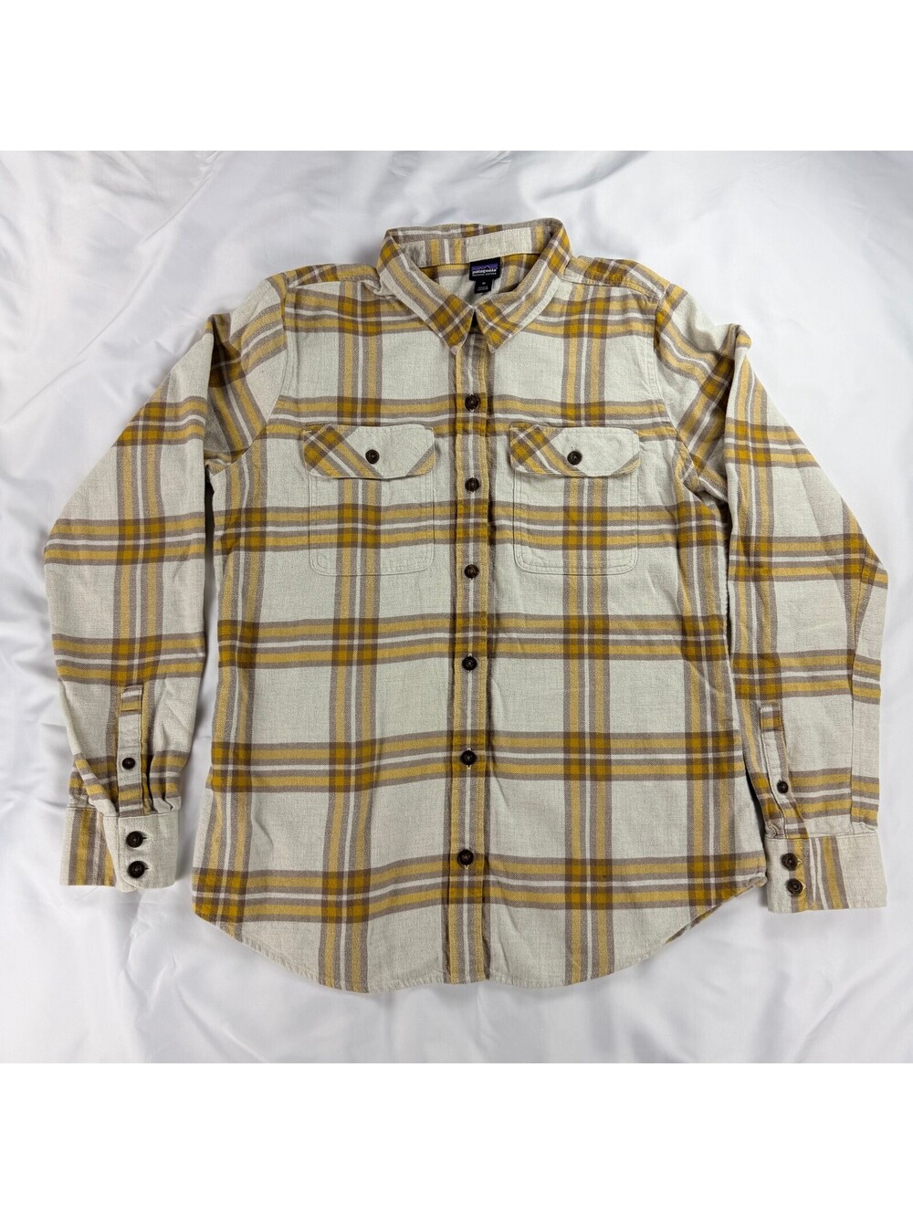 Patagonia Fjord Flannel Women M Tundra Birch White Plaid Organic Cotton 42405